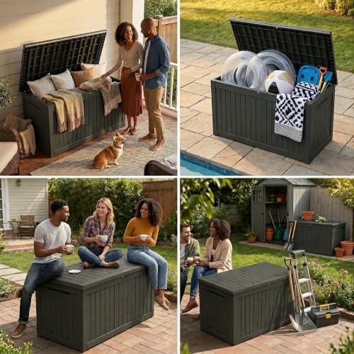 270 Gallon Lockable Resin Outdoor Storage Box, Waterproof & Weather Resistant Deck Box for Patio Cushion, Garden Tools & Pool Accessories, Black New