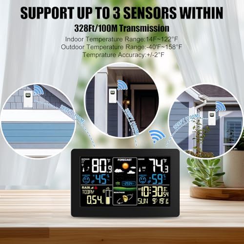 Weather Station with Rain Gauge Outdoor, Home Weather Stations Wireless Indoor Outdoor with Digital Rain Gauges, Thermometer, Barometer, Hygrometer, Atomic Clock, Weather Forecast, with 3 Sensor
