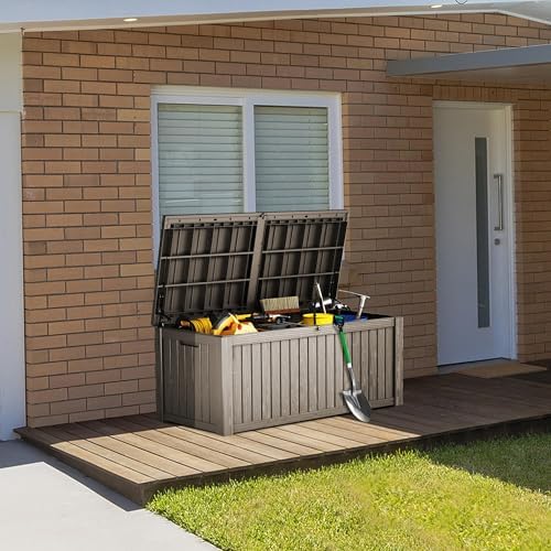 180 Gallon Lockable Resin Outdoor Storage Box, Waterproof & Weather Resistant Deck Box for Patio Cushion, Garden Tools & Pool Accessories, Grey