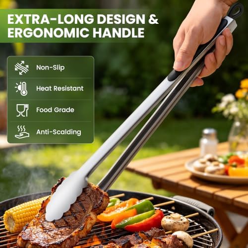 Grill Tongs, 12 & 17 Inch Long Stainless Steel BBQ Tongs (12"+17")