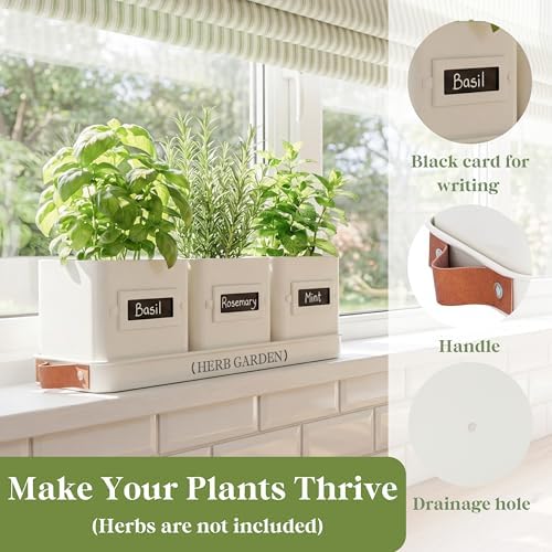 PERFNIQUE Indoor Herb Garden, Herb Planter Set with Tray, Farmhouse Indoor Plant Pots, Windowsill Herb Garden with Drainage(Planter only) for Indoor/Outdoor, Window Pots(White)