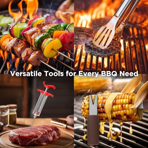 Kaluns 50PC BBQ Grill Tools Set – Heavy Duty Stainless Steel Grill Accessories Kit with Case, Apron, Hooks, Thermometer, Injector, Claws & Mats – Fathers Day Gift for Dad, Men