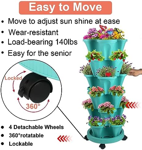 GameXcel Vertical Planter Tower - 6 Tier Stackable Garden Planters with Wheels and Garden Tool Set Plant Pots for Strawberry Herb Flower and Vegetable Indoor Outdoor Use Teal