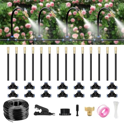 40FT Drip Irrigation System for Garden – Automatic Watering Kit with Solid Brass Metal Connectors, 360° Bendable Tubing & 14 Adjustable Nozzles for Greenhouse, Lawn, Yard & Plants