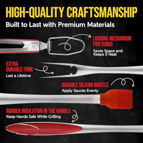 Kaluns BBQ Grilling Accessories, Grilling Gifts for Men Dad, Grill Tools for Outdoor Grill, Heavy Duty Stainless Steel Grill Set with Spatula, Tongs, Fork, Brush, & Grilling Mat, Best BBQ Gifts