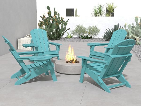 FOOWIN Folding Adjustable Adirondack Chair Set of 8,HDPE Adirondack Chair w/4 in 1 Cup Holder Trays,All-Weather Resistant Fire Pit Chair, Outdoor Chair for Patio Lawn Poolside,400lbs,Lake Blue