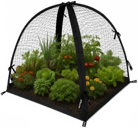 NuVue Products 32109 Pop-Up Garden Netting Pest Guard Cover with Ground Spikes, Mesh Plant Cover Tent for Pest and Animal Control, Black, 52" x 52" x 54"