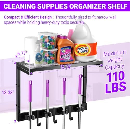 Heavy Duty Broom Holder Wall Mount, All-Metal Mop Rack with Storage Shelves