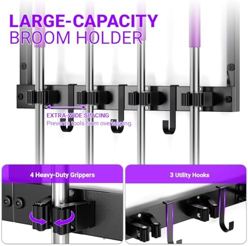 Heavy Duty Broom Holder Wall Mount, All-Metal Mop Rack with Storage Shelves