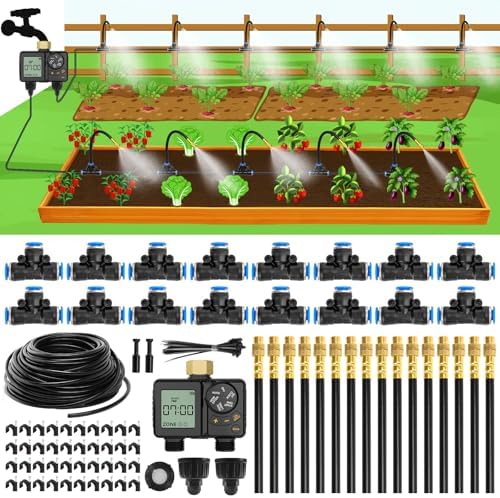 MIXC 1/4" 99Ft Drip Irrigation System with Rechargeable 2-Zone Water Timer, Automatic Garden Watering Kit with 16pcs 360°Adjustable Brass Nozzles & Bendable Rod,for Raised Bed,Potted Plant,Greenhouse