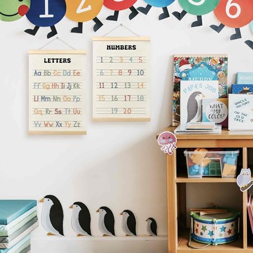TLESKE Alphabet ABC Numbers Chart Poster Hanger Frame for Toddler Kid Classroom Set of 2, Homeschool Hanging Wall Art Decor for Nursery Playroom, Preschool Prek Learning Educational Poster, 12x16