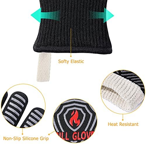 QUWIN BBQ Gloves, Oven Gloves 1472℉ Extreme Heat Resistant, Grilling Gloves Silicone Non-Slip Oven Mitts, Kitchen Gloves for BBQ, Grilling, Cooking, Baking-1 Pair… (Black, One Size(Long Cuff))