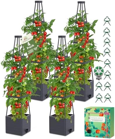 4 Pack Raised Garden Bed Planter Box with Trellis, 57" Self-Watering Tomato Cage Planters for Climbing Plants Vegetable Vine Flowers Outdoor & Indoor (57x9.8x9.8IN)