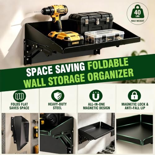 ULIBERMAGNET Magnetic Folding Shelf, 40LBS Heavy Duty Magnetic Mounted Rack for Garage, Workshop, RV,Power Tools,Toolbox,1Set Storage Shelves with Lip for Workshop Kitchen Office