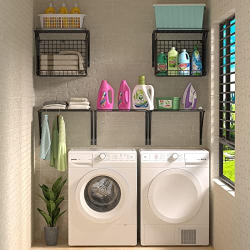 3IngSeagulls 2 Pack Laundry Room Shelves, Wire Baskets with 8 Hooks, Over Washer and Dryer Shelf, Wall Mounted Storage and Clothes Drying Rack, Black