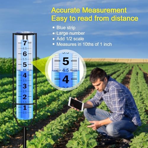 Rain Gauge Upgraded, 7" Freeze Proof Thickened Rain Gauge Outdoor Best Rated, Large Clear Numbers and Adjustable Height Rain Measuring Tool for Garden, Yard, Lawn, Patio, and Farm Use