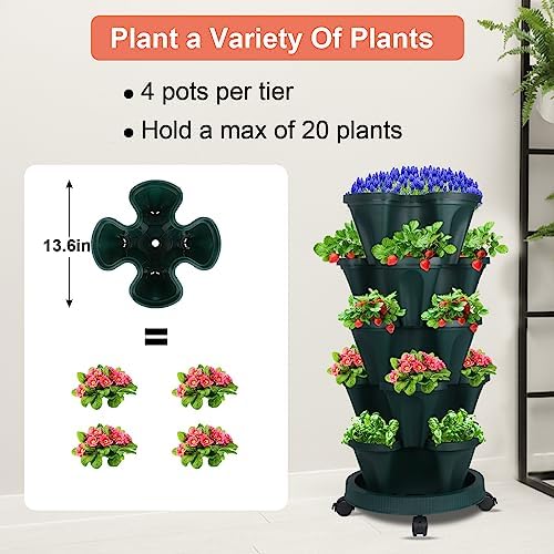 DUNCHATY Stackable Planter, Vertical Garden Planter with Wheels and Tools, Strawberry Indoor/Outdoor 5 Tier Tower Herb for Growing Vegetables Succulents, Dark Green, 2 Pack