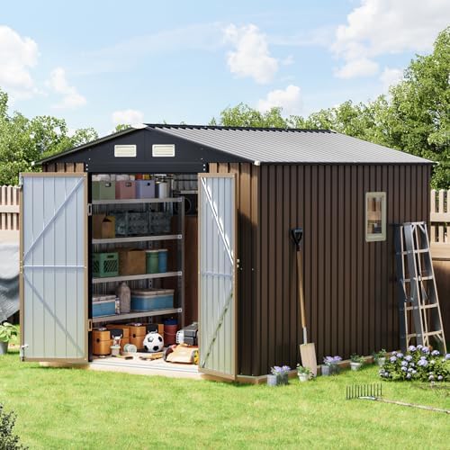 Breezz Outdoor Steel Storage Shed, 10 x 8 ft, Brown