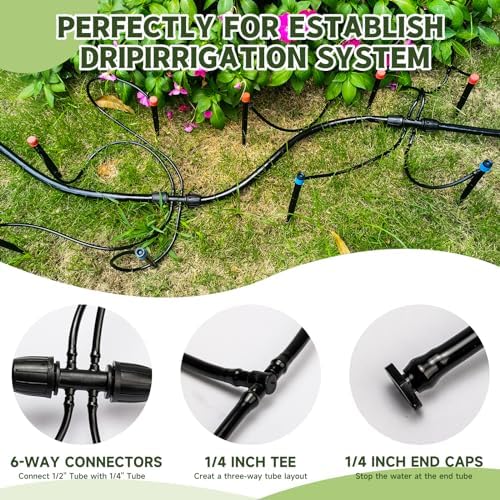 100FT 1/4 Inch Drip Irrigation kit Tubing Distribution Hose Tube for Garden Drip Irrigation System (Includes 2 Pack 6-Way Connector and 20pcs 1/4" Tee Splitters and End Plugs)