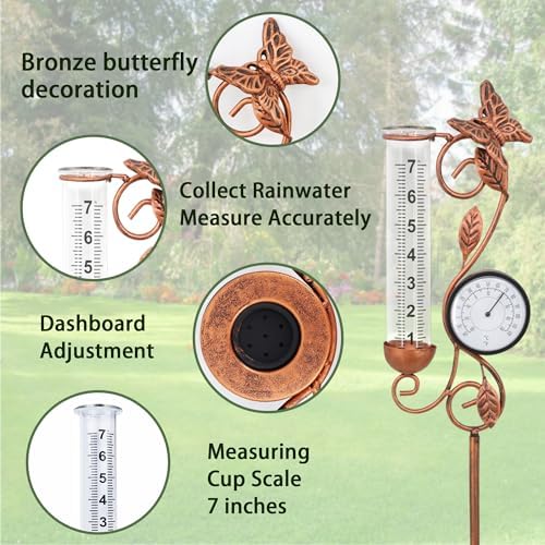 Rain Gauge Outdoor with Thermometer, Butterfly Metal Garden Stake
