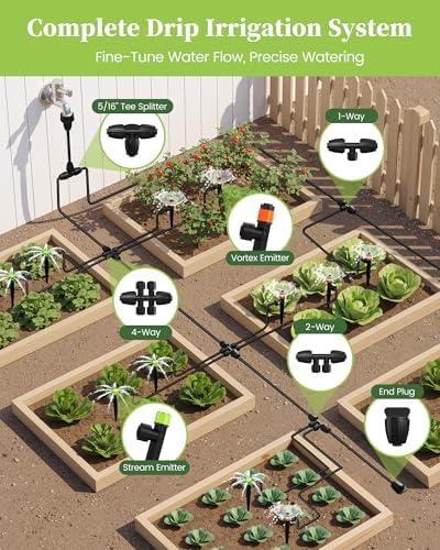 RAINPOINT Drip Irrigation System, Quick-Connect Garden Watering System Kit with Adjustable Emitters for Greenhouse, Garden Grid, Raised Bed, Potted Plant