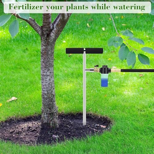 Caulimo Deep Root Watering Tool for Trees, Tree Watering Spike with Fertilizer Bottle, Stainless Steel Root Feeder for Garden, Orchard & Shrubs, Tree Irrigation System with Brass Valve, T-Handle