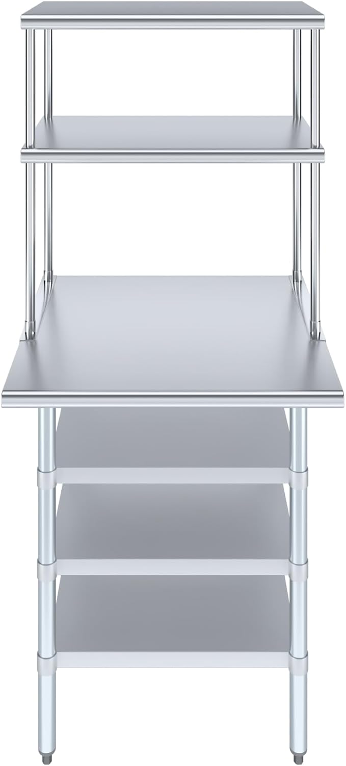 Amgood 30" x 30" Stainless Steel Work Table with 3 Shelves and 18" Wide Double Tier Overshelf | Metal Kitchen Prep Table & Shelving Combo | NSF