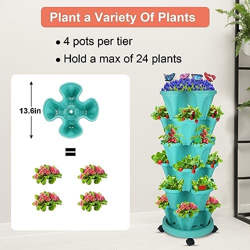 GameXcel Vertical Planter Tower - 6 Tier Stackable Garden Planters with Wheels and Garden Tool Set Plant Pots for Strawberry Herb Flower and Vegetable Indoor Outdoor Use Teal