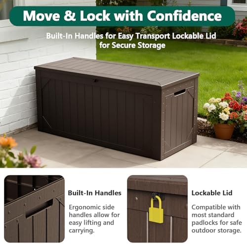 Outdoor Storage Box, 98 Gallon Deck Box, Outdoor Storage Bench, Waterproof Resin Storage Bench with Lockable Lid, Patio Furniture Cushions & Garden Tools Storage, UV Resistant (Brown)
