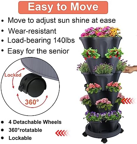GameXcel Vertical Planter Tower - 6 Tier Stackable Garden Planters with Wheels and Tools Plant Pots for Strawberry Herb Flower and Vegetable Indoor Outdoor Use Dark Gray