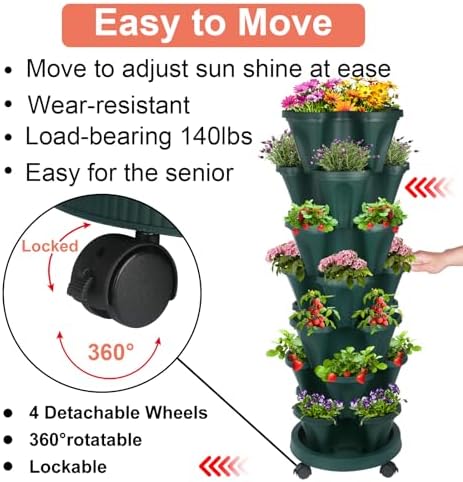 GameXcel Vertical Planter Tower - 7 Tier Stackable Garden Planters with Wheels and Garden Tool Set Plant Pots for Strawberry Herb Flower and Vegetable Indoor Outdoor Use Green