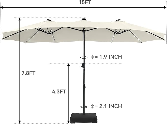 GREEN PARTY 15 ft Rectangle Patio Umbrella with Solar Lights and Base Included, Double-Sided Market Table Umbrella with Crank, Large Outdoor Umbrellas for Patio Poolside Garden Backyard, Ivory