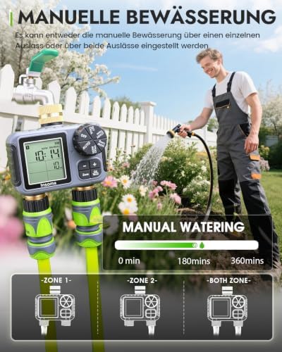 Insoma 2-Zone Sprinkler Timer Brass Inlet/Outlet, Water Hose Timer with Auto/Manual Modes + Rain Delay | Big LCD Dispay | Hose Timers for Garden, Yard Lawn, IPX5 Waterproof & Save Water