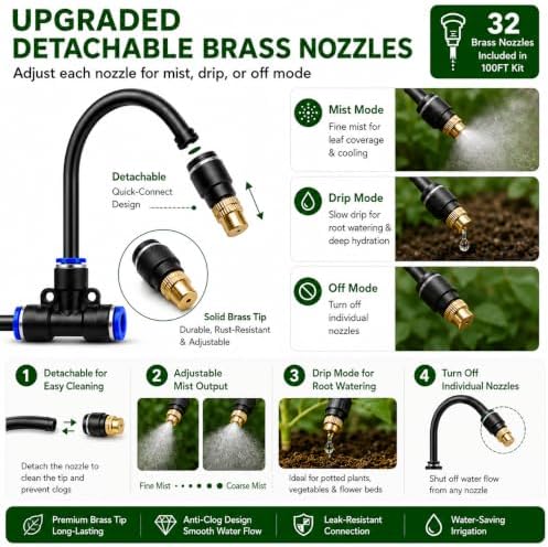 100FT 5/16" Garden Watering Kit with 32 Brass Nozzles & Y Splitter