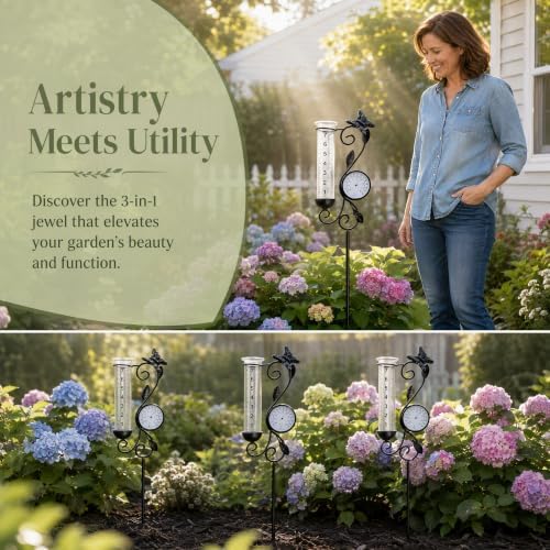 Rain Gauge Outdoor with Thermometer, Butterfly Metal Garden Stake