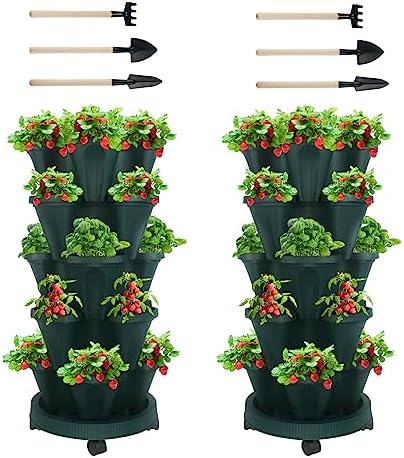 DUNCHATY Stackable Planter, Vertical Garden Planter with Wheels and Tools, Strawberry Indoor/Outdoor 5 Tier Tower Herb for Growing Vegetables Succulents, Dark Green, 2 Pack