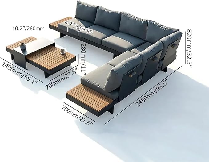 homary Outdoor Patio Conversation Sets, 6 Piece Aluminum & Teak Patio Sectional Sofa Set Outdoor Furniture with Adjustable Backrests, Waterproof, Fade Resistant Cushions Ideal for Patios & Balconies