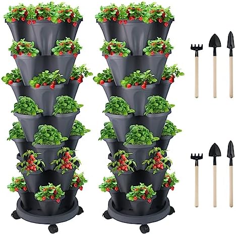 GameXcel Vertical Planter Tower - 7 Tier Stackable Garden Planters with Wheels and Tools Plant Pots for Strawberry Herb Flower and Vegetable Indoor Outdoor Use Dark Gray 2 Pack