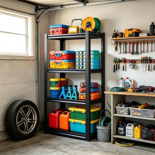 Garage Shelving 4-Tier Heavy Duty Metal Unit 2000 LBS Adjustable Boltless Storage Rack, Organizer for Garage Warehouse Kitchen Basement Workshop Household Supplies, 44"H x 13.8"W x 11.8"D, Black