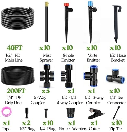 240FT Drip Irrigation System for Garden: Quick Connect 1/2" OD 5/16" ID PE Main Tubing Automatic Sprinkler Kit Adjustable Misting Part 1/4" Watering Hose for Outdoor Raised Bed Plants Flower Yard