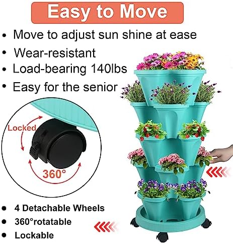 DUNCHATY Stackable Planter, Vertical Garden Planter with Wheels and Garden Tools, Strawberry Planter Indoor/Outdoor 5 Tier Herb Planter Pots for Growing Vegetables and Succulents,Teal