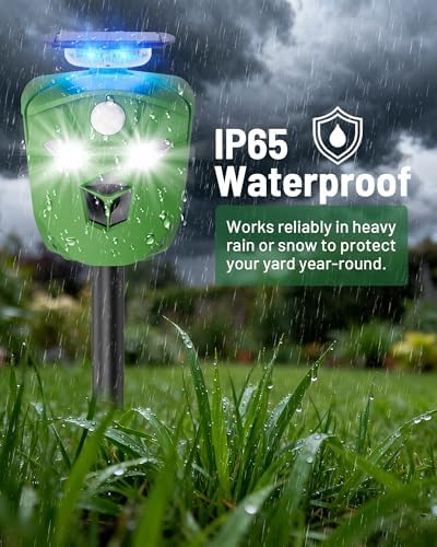 360° Solar Deer Repellent Device for Yard & Garden – No Blind Spot Motion Sensor to Keep Deer, Raccoons & Cats Away, Waterproof Ultrasonic & Flashing Light Outdoor Animal Repellent
