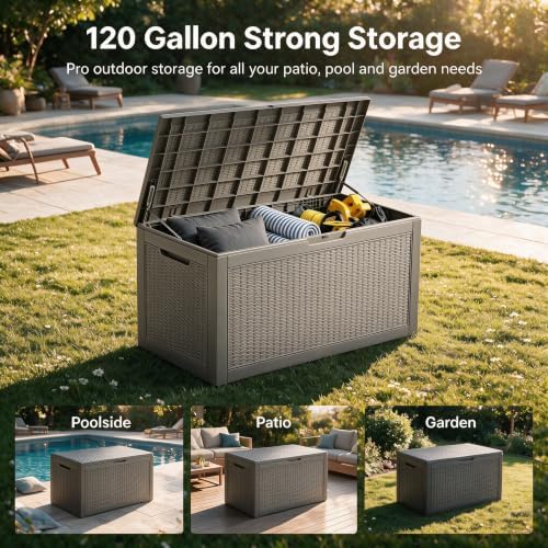 120 Gallon Deck Box,Lockable Outdoor Storage Box Gas Lift,Waterproof Grey
