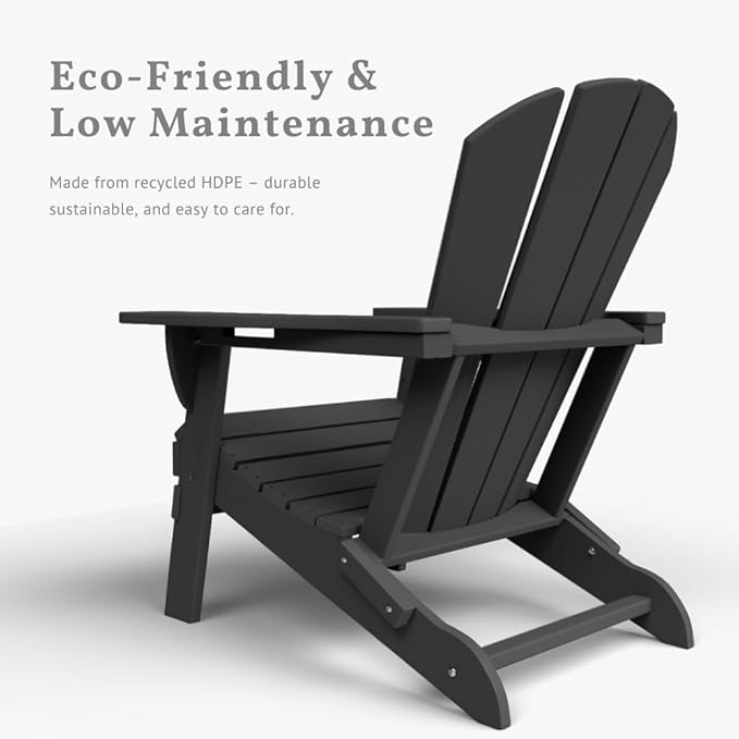 Folding Adirondack Chair with Cup Holders, HDPE Plastic Outdoor Chairs, Weather Resistant, Real Wood Look for Patio, Deck, Fire Pit, Backyard, Black