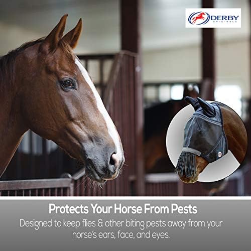 Derby Originals Reflective Safety Horse Fly Mask with Ears and Nose Cover Fringes,White,Full Horse (Large),72-7181WH-L