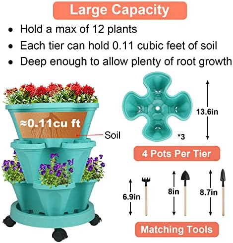 GameXcel Vertical Planter Tower - 3 Tier Stackable Garden Planters with Wheels and Tools Plant Pots for Strawberry Herb Flower and Vegetable Indoor Outdoor Use Teal