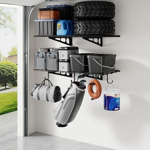 FLEXIMOUNTS 2-Pack 2x4ft Garage Shelving with Hooks, 600lbs Load, Black