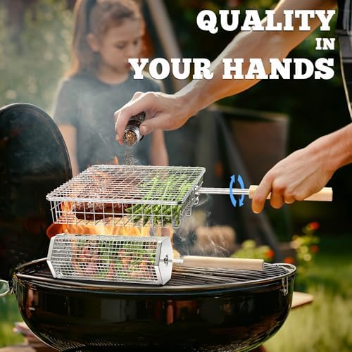 ivtivfu Grill Basket Set, Removable Wooden Handle, Rolling Grilling Tools