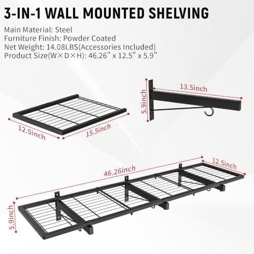 2 Pack Garage Wall Shelves, 46"X 12.5" Garage Shelving Wall Mounted, Heavy Duty Shelf Organizer with 8 Hooks, Black Floating Storage Metal Rack 320 LBS Capacity for Laundry Room, Office, Basement
