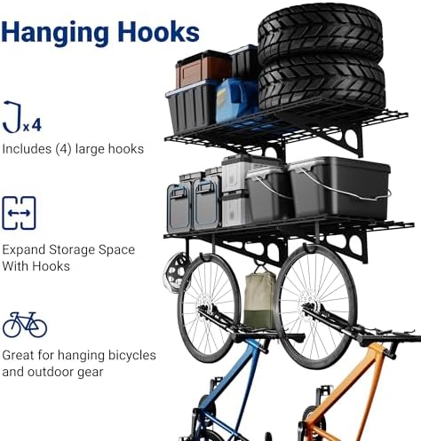 FLEXIMOUNTS 2-Pack 2x4ft Garage Shelving with Hooks, 600lbs Load, Black
